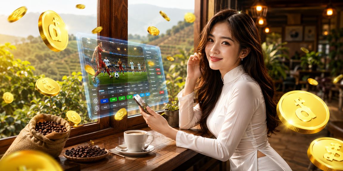 Không gian cà phê tại Buôn Ma Thuột với ánh đèn ấm – người dùng thực hiện giao dịch tài chính trên điện thoại