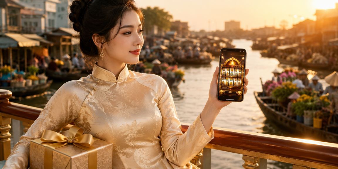 Thiếu nữ áo dài tại Cần Thơ ngồi bên sông Hậu thư giãn với điện thoại – biểu tượng trải nghiệm slot game nhẹ nhàng trên mobile